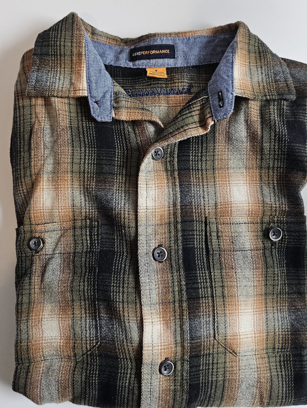 Tailor Vintage Plaid Shirt in Olive & Tan with Blue Trim